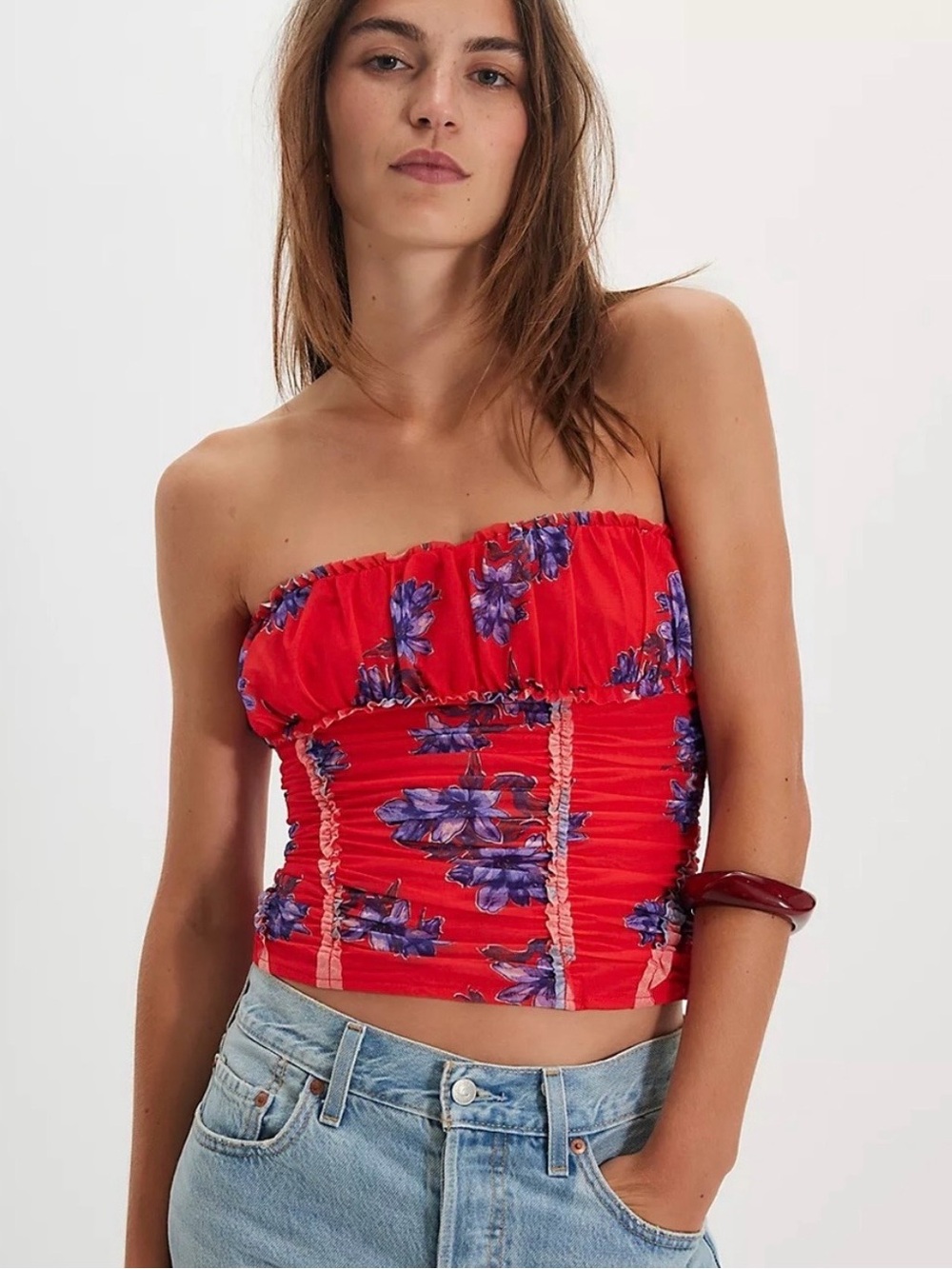 Free People Scottie Printed Tube Top Large Red Floral Strapless NWOT